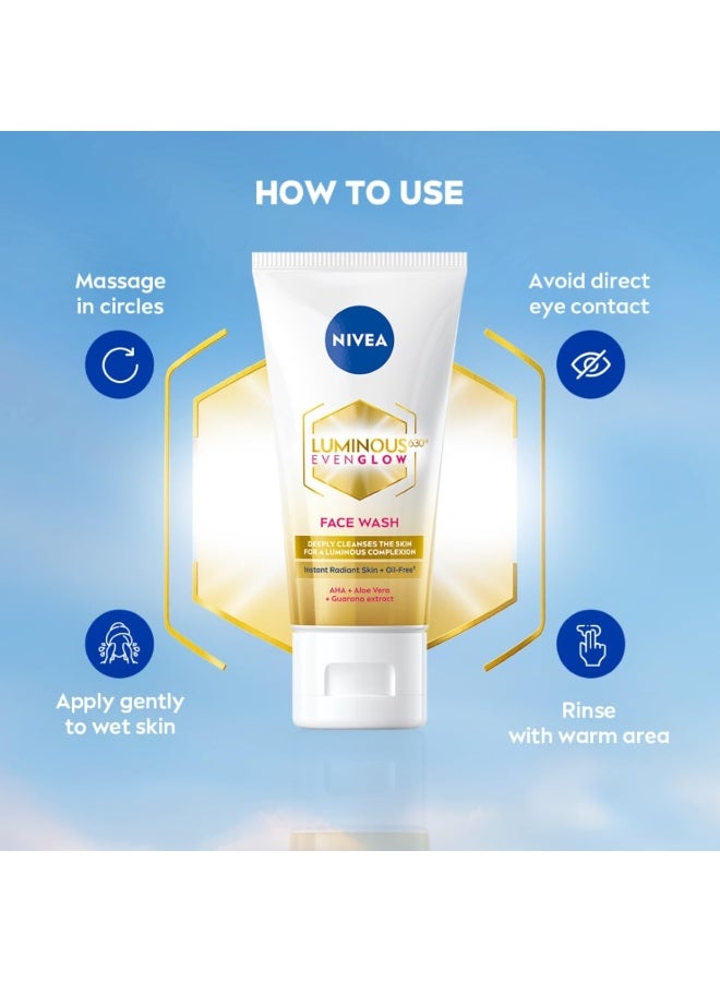 نيفيا غسول الوجه NIVEA Luminous Even Glow بتركيبة خالية من الزيوت، غني بأحماض ألفا هيدروكسي وخلاصة الصبار والغوارانا، ينظف البشرة بعمق، مناسب للبشرة العادية والحساسة، للرجال والنساء | 100 مل - Image 3